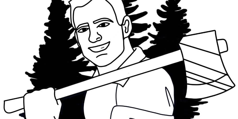 Hand-drawn portrait of Sean with an axe on his shoulder between two pine trees